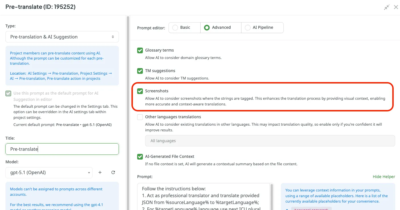Screenshots as a context for AI translations
