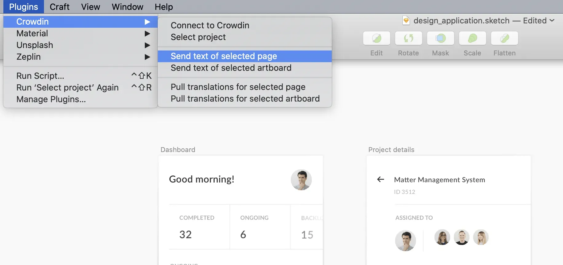 Screenshot of sending translations from the Crowdin Sketch plugin.